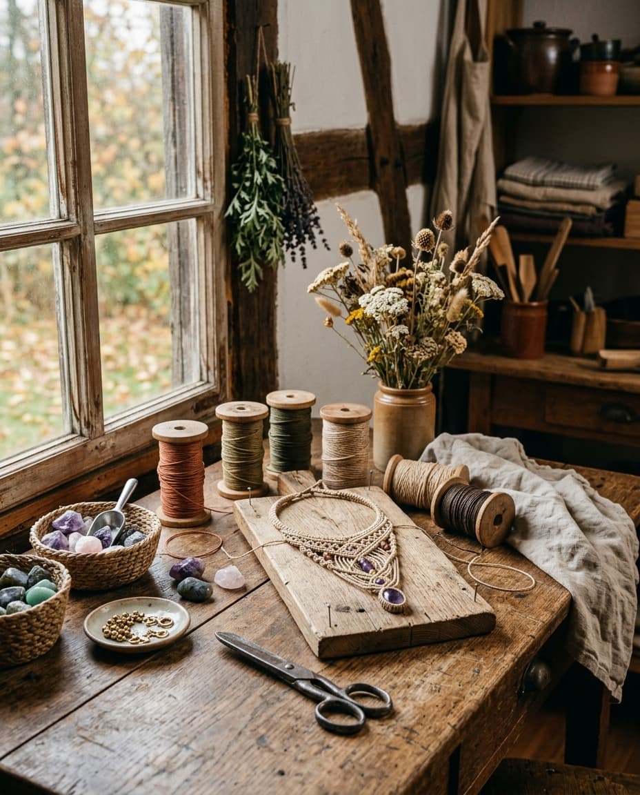 Kleine Makramee-Werkstatt im Wendland mit Garnrollen, Edelsteinen und Naturmaterialien