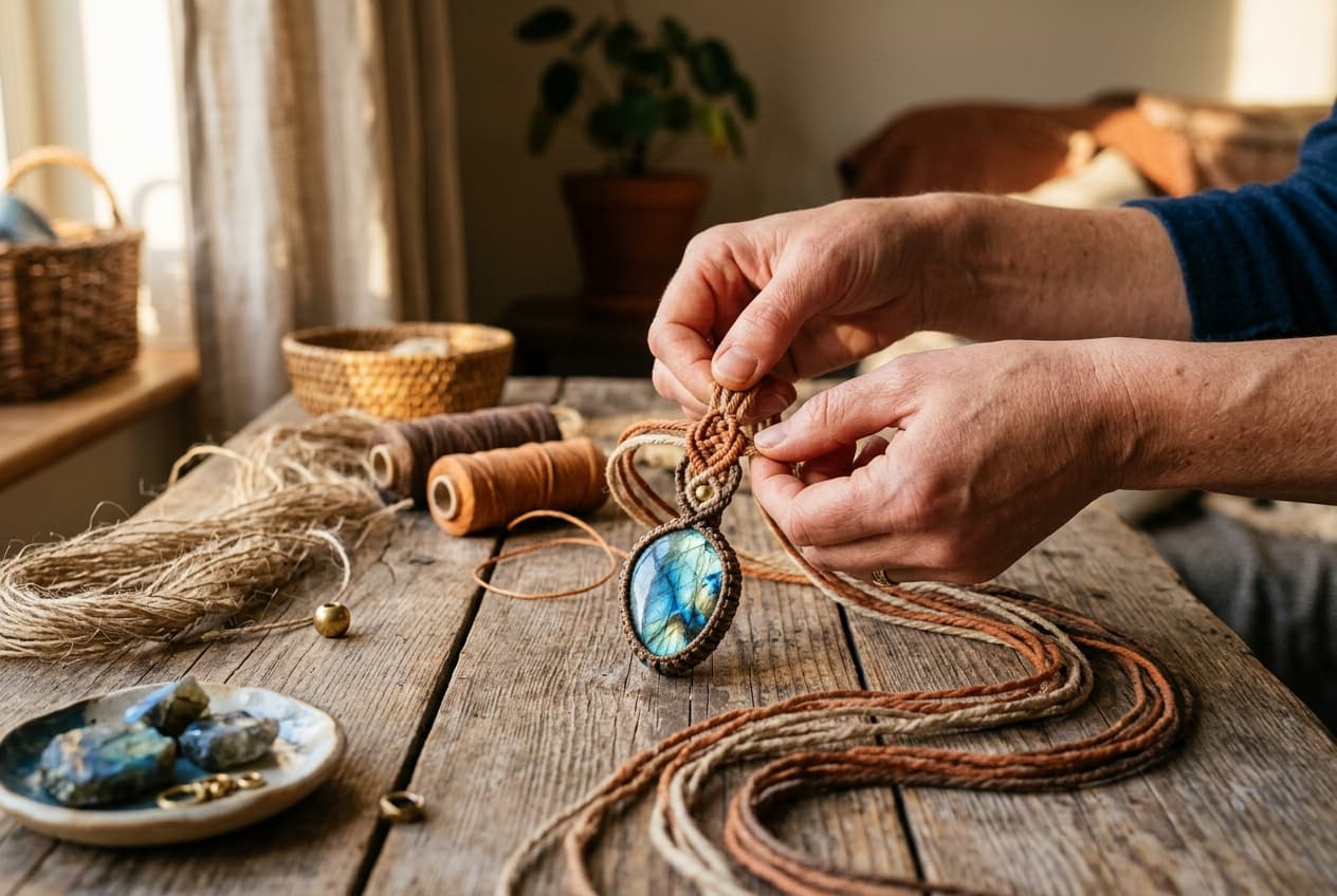Handgeknüpfte Makramee-Kette mit Labradorit, entstehend von Hand auf rustikalem Holztisch