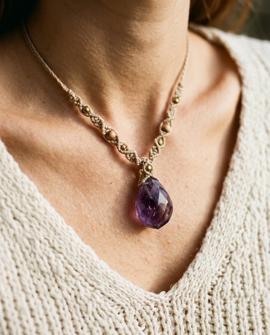 Makramee-Kette mit Amethyst-Anhänger, getragen über einem Leinen-Strickpullover