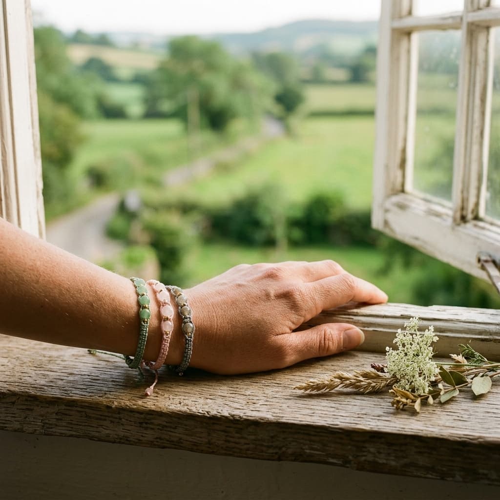 Handgeknüpfte Makramee-Armbänder am Handgelenk vor einer Wendland-Landschaft