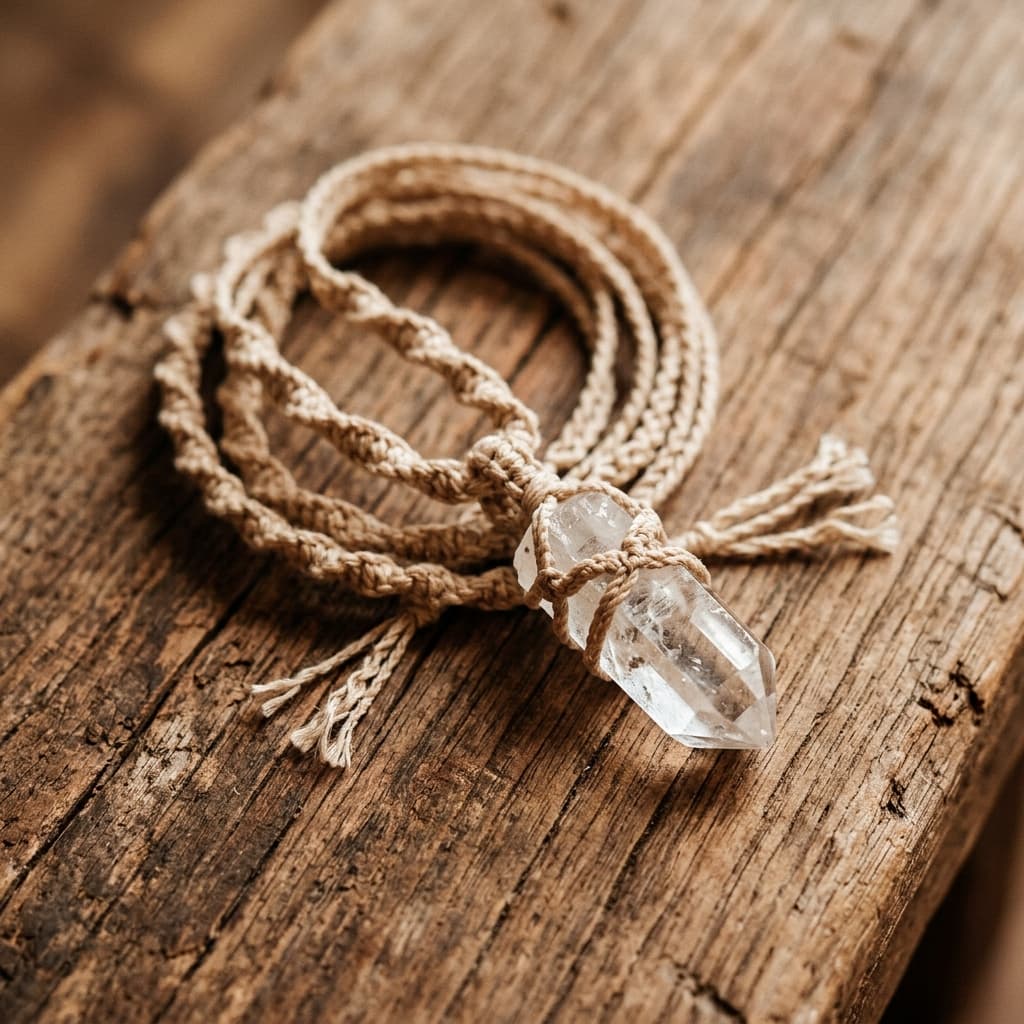 "Klarsicht" Makramee-Kette mit Bergkristall