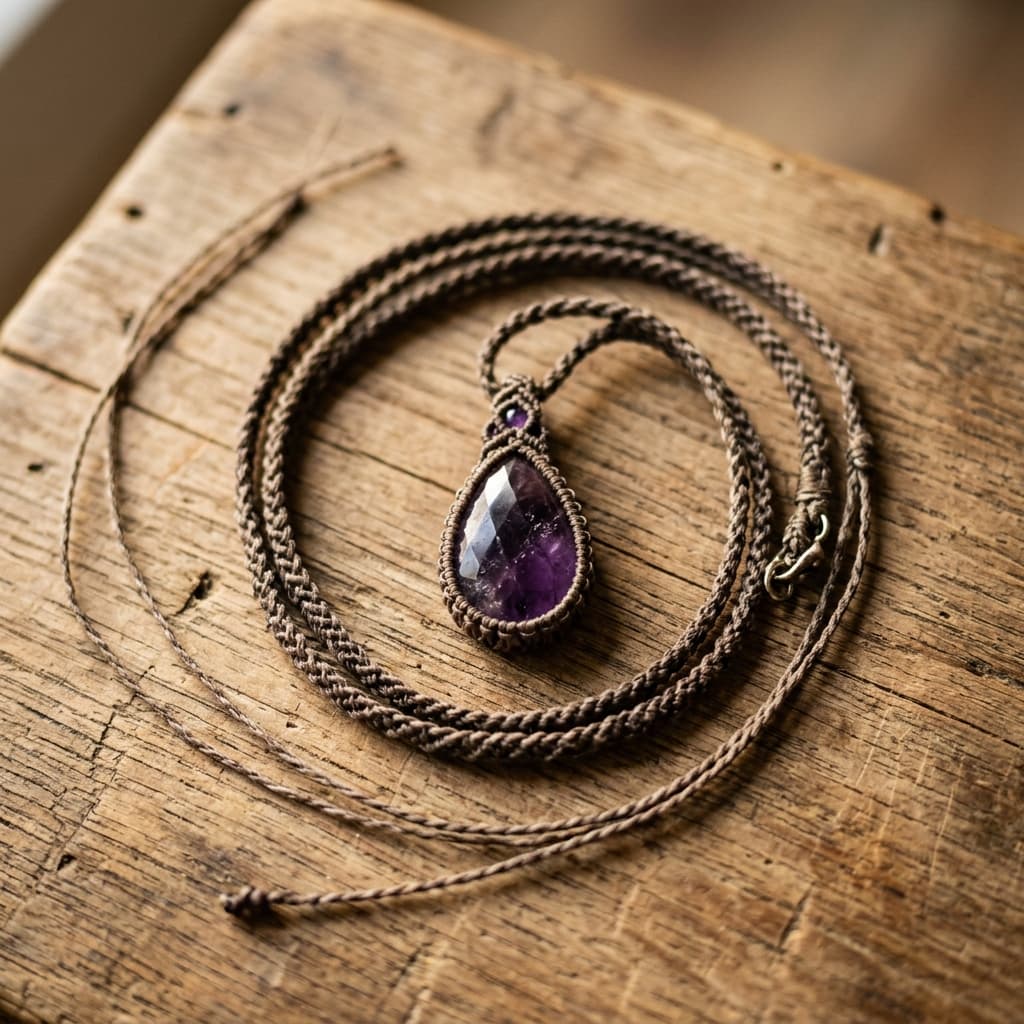 "Stille Kraft" Makramee-Kette mit Amethyst