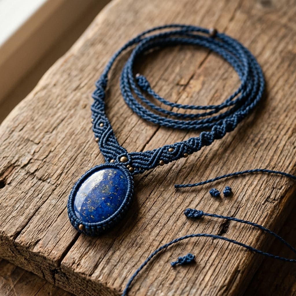 "Tiefenblau" Makramee-Kette mit Lapislazuli