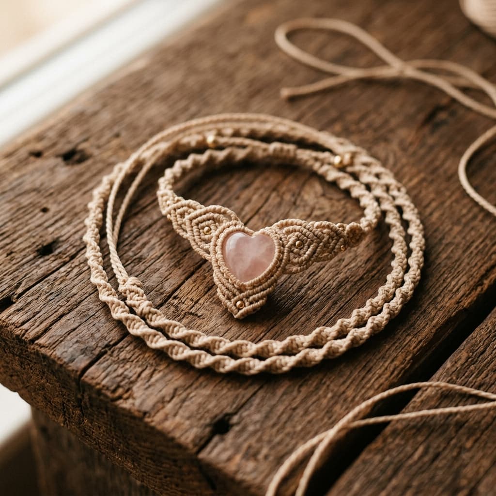 "Zartes Herz" Makramee-Kette mit Rosenquarz
